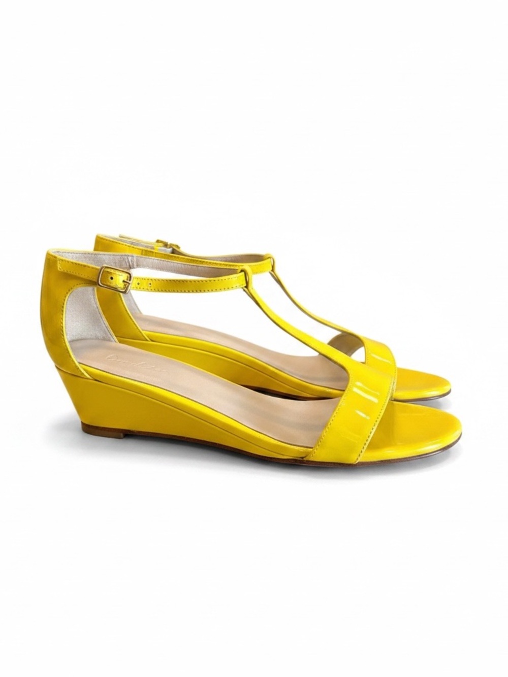 NWOT Boden Yellow Patent T‑Strap Wedge Heel Sandals